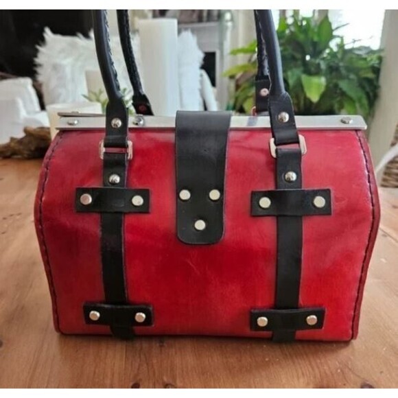 Mozzafiati Ferrara Satchel Red Black Italian Leather Hand Bag Giovanni Villa - Picture 7 of 10
